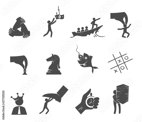 Business management icons in black and white.
