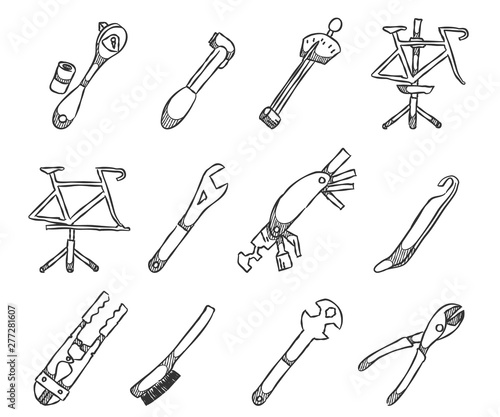 Bike tools icons in sketch style.