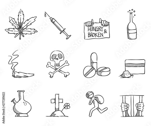 Drugs and narcotics icons in sketch style.