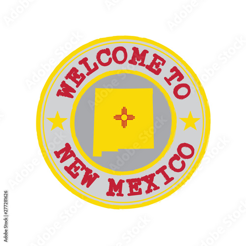 Vector Stamp of welcome to New Mexico with states flag on map outline in the center.