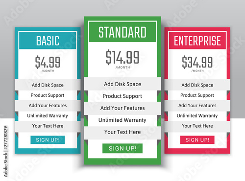 Pricing table in flat design style for your app's websites and applications.Hosting table banner.eps10 
