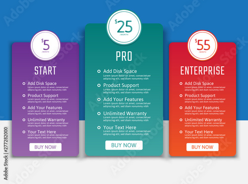 Pricing table in flat design style for your app's websites and applications.Hosting table banner.eps10 