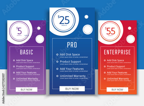 Pricing table in flat design style for your app's websites and applications.Hosting table banner.eps10 