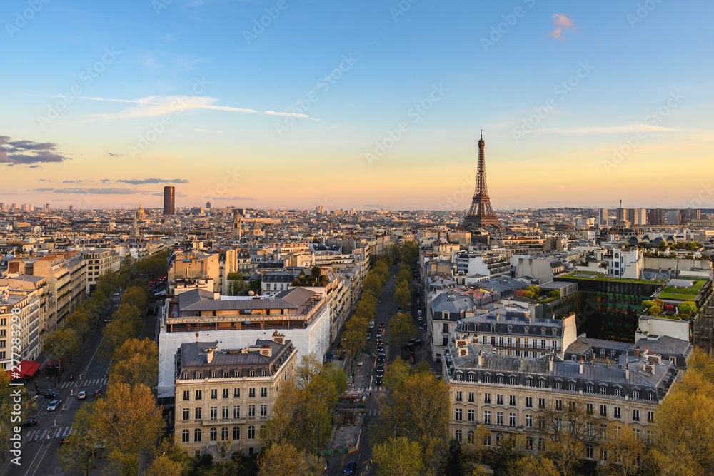 Paris France aerial view city skyline at Eiffel Tower and Champs Elysees street