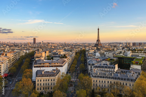 Paris France aerial view city skyline at Eiffel Tower and Champs Elysees street © Noppasinw