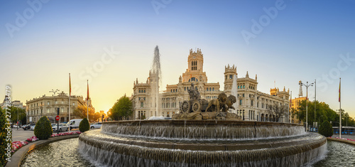 Madrid Spain, city skyline sunrise panorama at Cibeles Fountain and CentroCentro