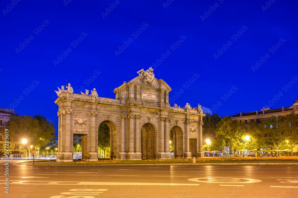 Madrid Spain, city skyline night at Puerta de Alcala