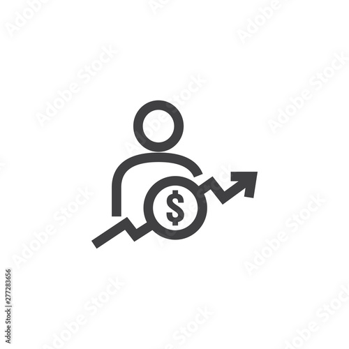 employee salary increase icon on white background with people, arrow up graphic and dollar money symbol. raise revenue business cost concept. investment growth or rising prices vector illustration