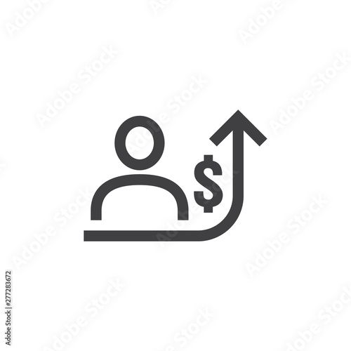 employee salary increase icon on white background with people, arrow up graphic and dollar money symbol. raise revenue business cost concept. investment growth or rising prices vector illustration