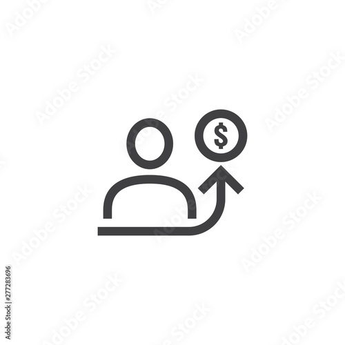 employee salary increase icon on white background with people, arrow up graphic and dollar money symbol. raise revenue business cost concept. investment growth or rising prices vector illustration