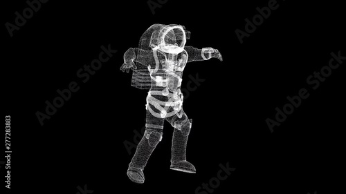 Astronaut in modern scaphandre from many small particles is in the space, 3d render background, computer generated backdrop photo