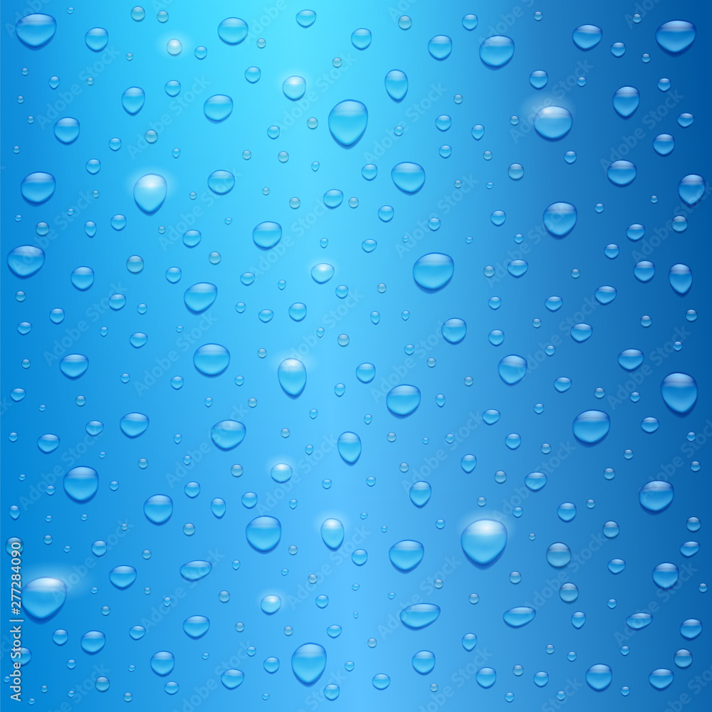 Water drops on blue background. Realistic droplets with glow from the sun, vector 3d illustration.