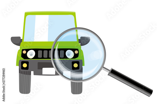 自動車と虫眼鏡のイラスト_検査・調査・査定のイメージのイラスト_軽自動車