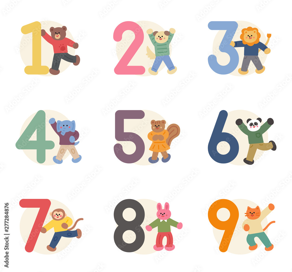 Cute animals holding a number card. Animal personification concept illustration for children 's education.