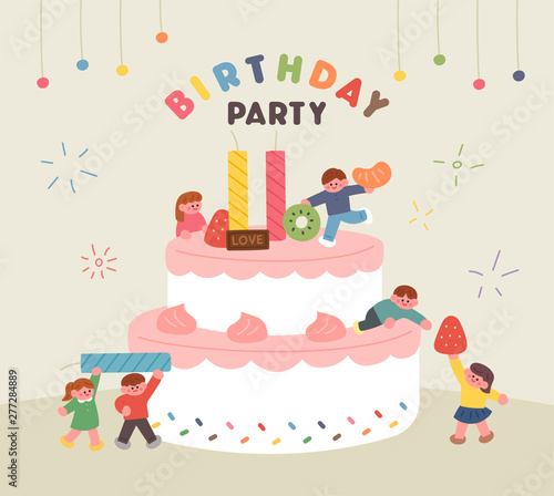 Cute kids are making huge cakes. Happy Birthday Card Illustration.