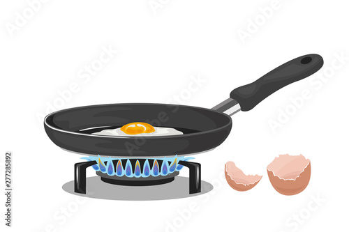 Frying pan on a gas stove with a fried egg and eggshell isolated on white background. Lighted Gas Burner. Vector illustration of homemade food, tasty breakfast in cartoon simple flat style.