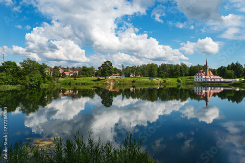 Panoramic landscape with old castle. Russia. Gatchina city