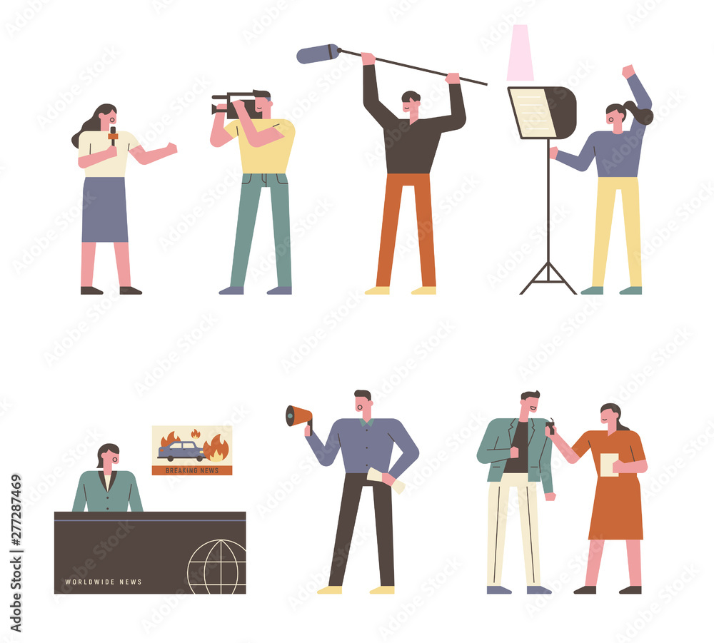 Various people working at stations. flat design style character illustration.