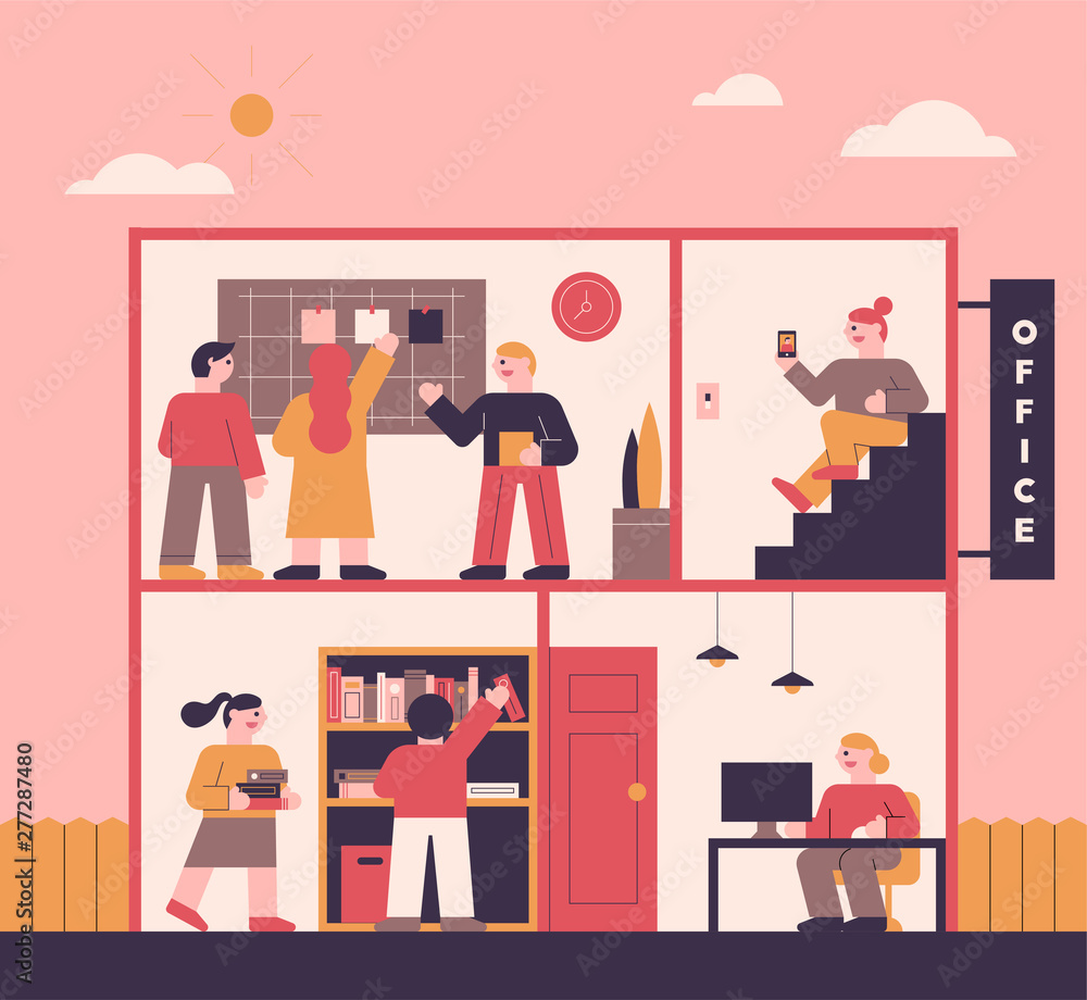 A layout consisting of each office section of a building. people working in each room A layout consisting of each office section of a building. people working in each room
