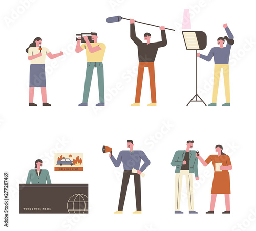 Various people working at stations. flat design style character illustration.