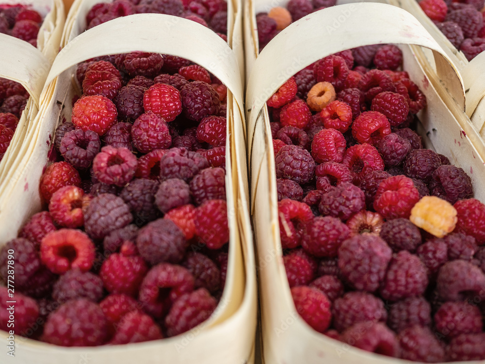 Ripe, sweet raspberries in a wicker basket. Basket with berries sold in the market Ripe, sweet raspberries in a wicker basket. Basket with berries sold in the market