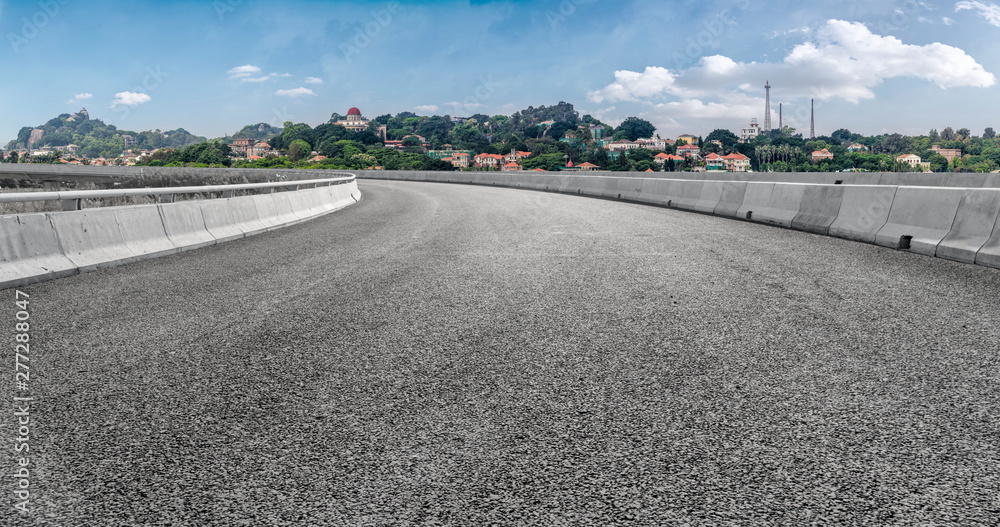 Fototapeta premium Empty Ground Bricks Xiamen Urban Architectural Skyline..