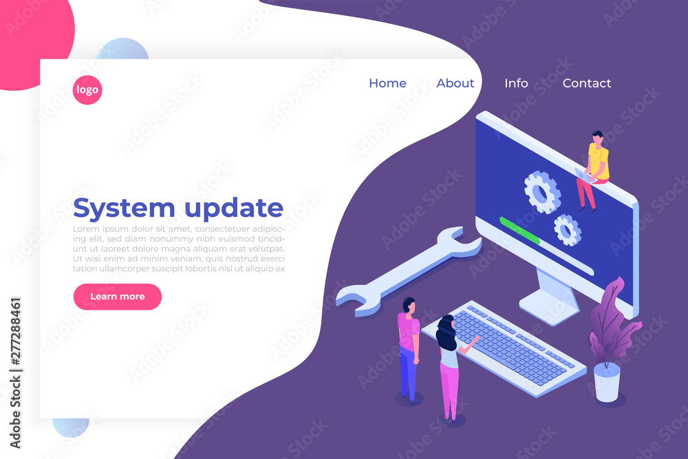 Decktop System update flat style concept. Vector isometric illustration