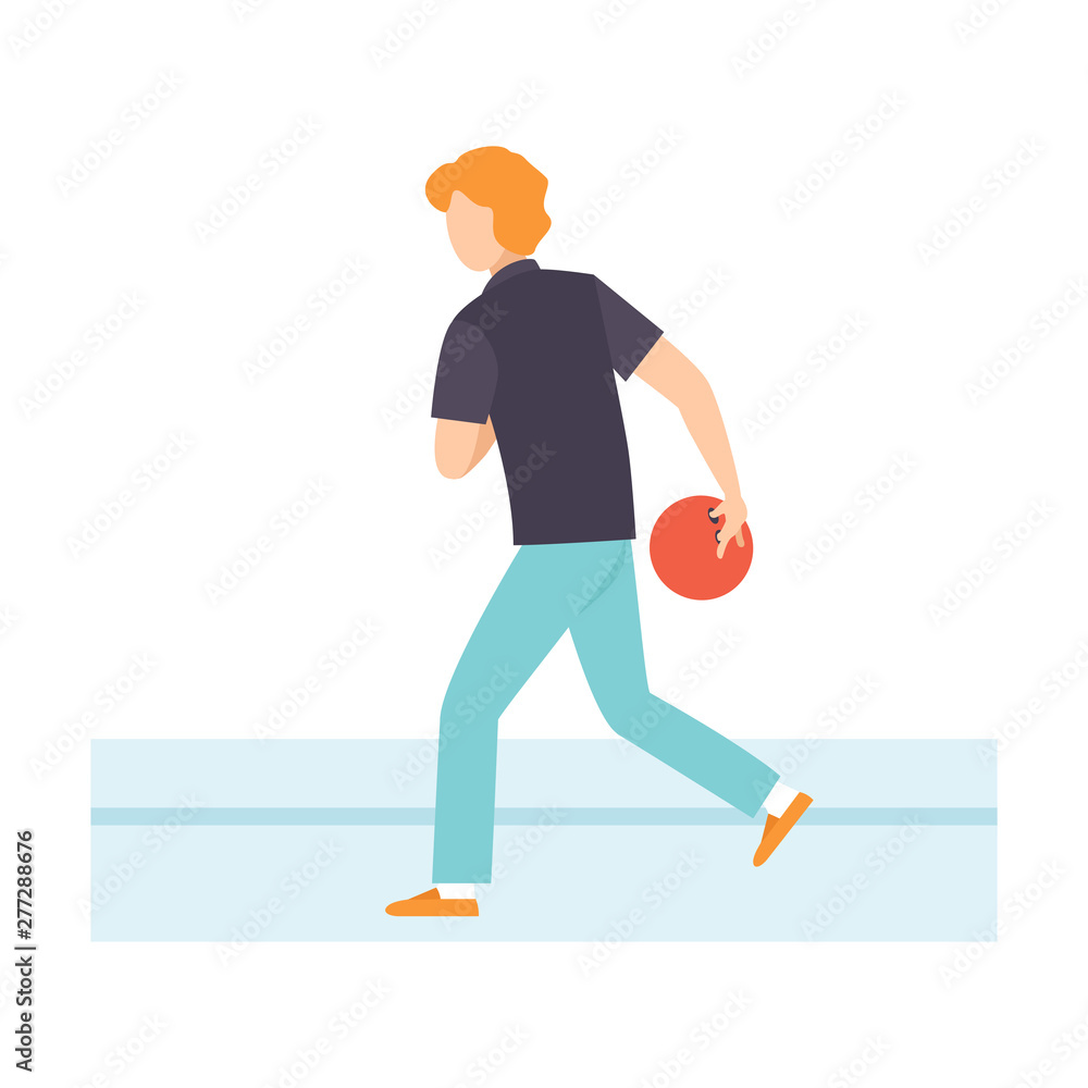 Man Throwing Bowling Ball, Male Bowler Playing Bowling Vector Illustration