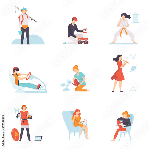 People Enjoying Various Hobbies Set, People Fishing, Driving Car, Doing Karate, Playing Flute, Reading Book, Embroidering Vector Illustration