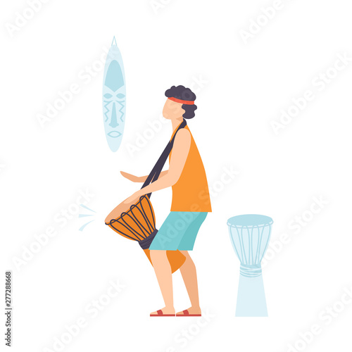 Young Man Playing Ethnic Drum, Guy Playing Djembe Vector Illustration