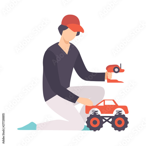 Young Man playing with Radio Controlled Car, Guy Holding Remote Control Olaying with Electric Car Vector Illustration