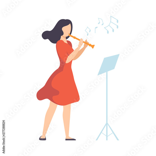 Woman in Red Dress Playing Flute Vector Illustration