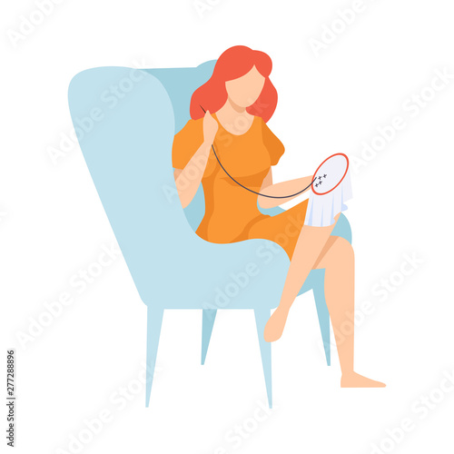 Young Woman Sitting in Armchair and Embroidering on Canvas, Hobby, Needlework Vector Illustration