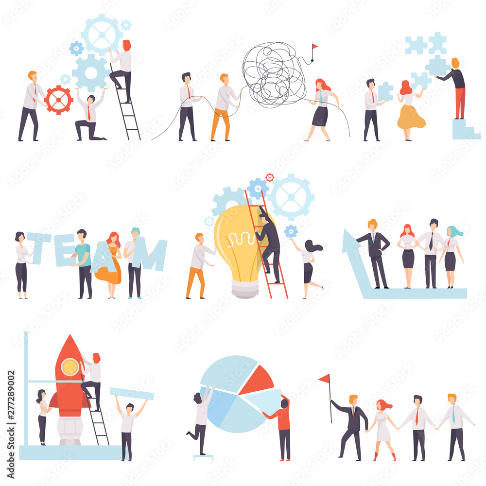 Office Colleagues Working Together Set, Business Team, Teamwork, Cooperation, Partnership Vector Illustration