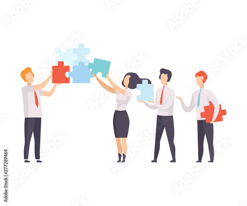 Business Team, Office Colleagues Connecting Puzzle Elements, People Working Together in Company, Teamwork, Cooperation, Partnership Vector Illustration