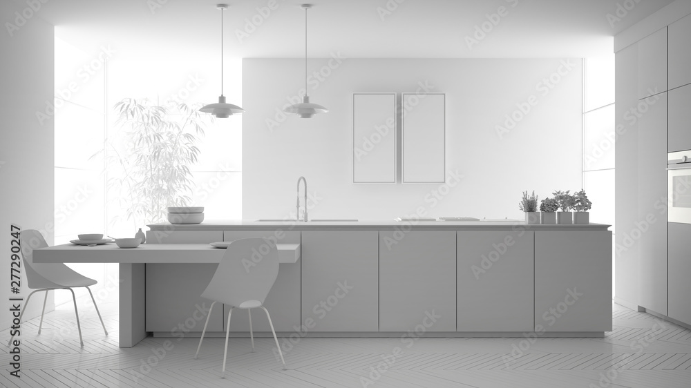 Total white project of modern clean contemporary kitchen, island and wooden dining table with chairs, bamboo and potted plants, big window and parquet floor, minimalist interior design Total white project of modern clean contemporary kitchen, island and wooden dining table with chairs, bamboo and potted plants, big window and parquet floor, minimalist interior design