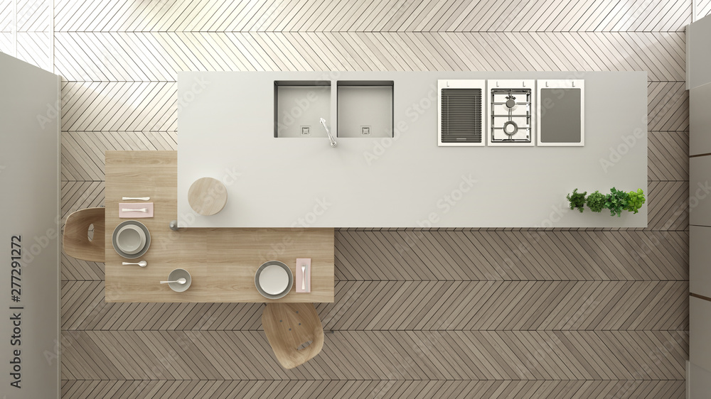 Modern clean contemporary white kitchen, island and wooden dining table