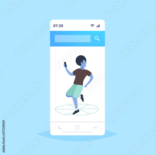 man using cellphone guy standing on lotus leaf water lily pond smartphone screen nline mobile application full length sketch doodle