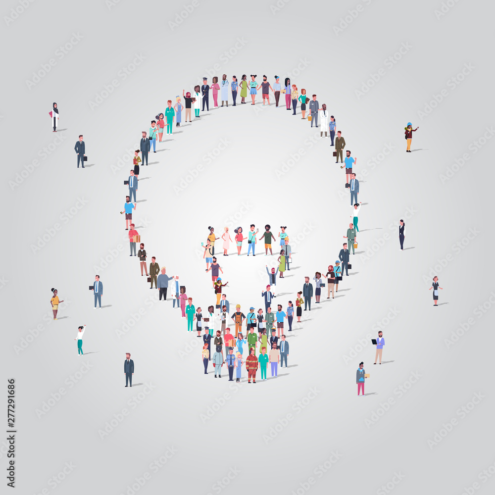 people crowd gathering in light lamp icon shape social media community creative idea concept different occupation employees group standing together full length people crowd gathering in light lamp icon shape social media community creative idea concept different occupation employees group standing together full length