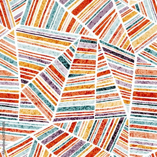 Seamless pattern in patchwork style. Geometric striped shapes. Ornament drawn by hand. Bright print for textiles. Vector illustration.