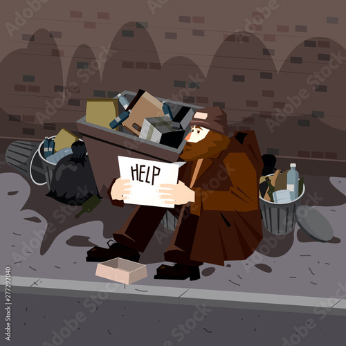 Homeless sad poor person male character beg help money near the garbage containers