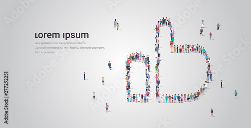 people crowd gathering in thumb up shape social media community successful feedback hand gesture concept different occupation employees group standing together horizontal copy space full length