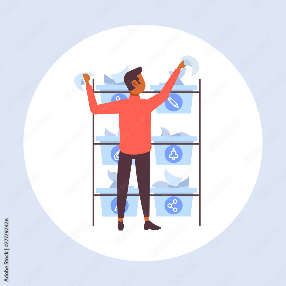 Fototapeta premium postman putting paper letters in different baskets mail postal delivery service concept flat full length