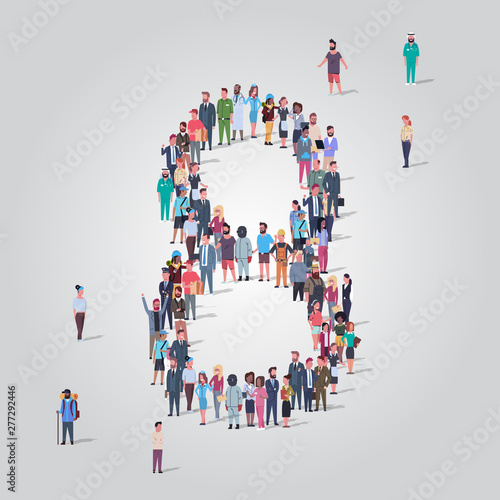 big people crowd forming number eight 8 shape different occupation employees group standing together gathering community concept full length