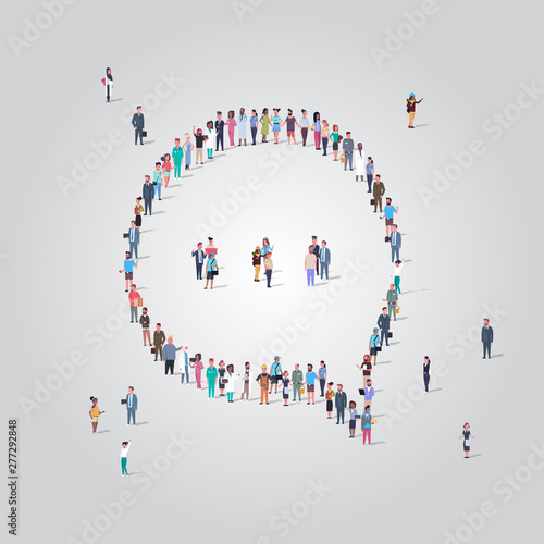 people crowd gathering in chat bubble speech icon shape social media communication concept different occupation employees group standing together full length