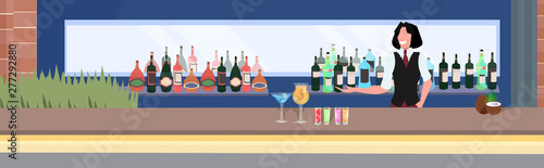 friendly woman bartender standing behind counter with different cocktails for guests pretty girl barmaid working in bar modern pub interior portrait flat horizontal banner