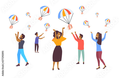 people catching parcel boxes falling down with parachute from sky transportation shipping package air mail express delivery concept white background full length flat horizontal vector illustration