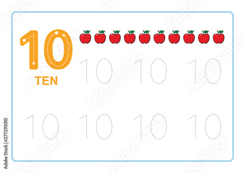 Number Tracing and Writing tracing worksheet         for kindergarten Learning number  with apple  clipart  for Counting Worksheets Free handwriting vector illustration