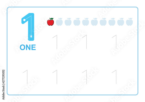 Number Tracing and Writing tracing worksheet         for kindergarten Learning number  with apple  clipart  for Counting Worksheets Free handwriting vector illustration
