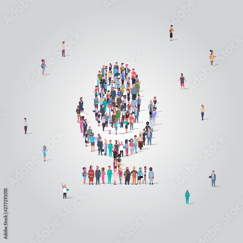 people crowd gathering in microphone shape social media community mic audio system technology concept different occupation employees group standing together full length